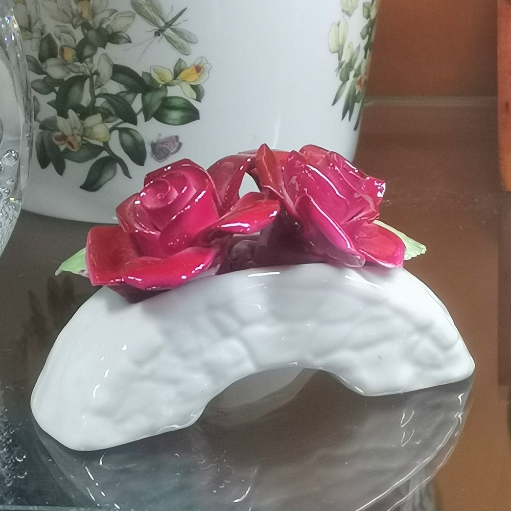 Glossy Ceramic Rose Figurine in Deep Rose and White - Picture 3 of 6
